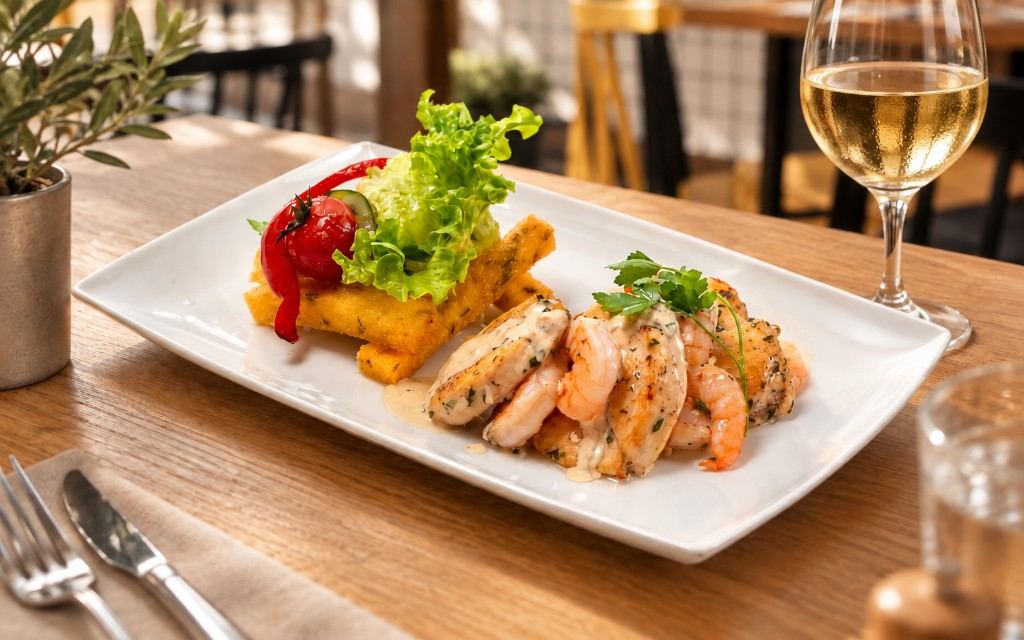 Chicken, gambas and fried cornmeal